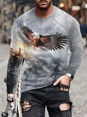 Men's 3D Lion Head Long Sleeve T-Shirt Khaki Graphic Tee Vintage Retro Animal Portrait Streetwear Casual Pullover Tops Gift
