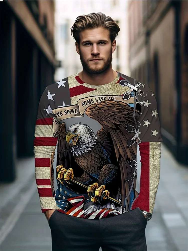 Men's 3D Lion Head Long Sleeve T-Shirt Khaki Graphic Tee Vintage Retro Animal Portrait Streetwear Casual Pullover Tops Gift