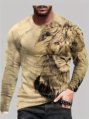 Men's 3D Lion Head Long Sleeve T-Shirt Khaki Graphic Tee Vintage Retro Animal Portrait Streetwear Casual Pullover Tops Gift