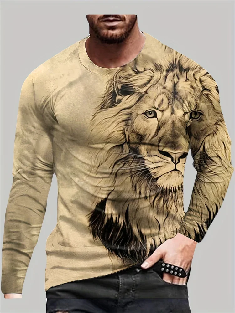 Men's 3D Lion Head Long Sleeve T-Shirt Khaki Graphic Tee Vintage Retro Animal Portrait Streetwear Casual Pullover Tops Gift