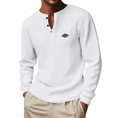 Long Sleeve Casual Loose Fit T Shirt Mature Casual with Lightweight Topstitched Seam Crew Neck Pull on Autumn Spring for Men