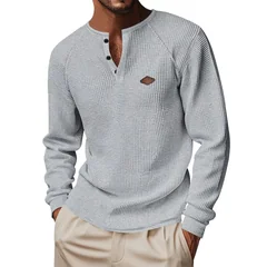 Long Sleeve Casual Loose Fit T Shirt Mature Casual with Lightweight Topstitched Seam Crew Neck Pull on Autumn Spring for Men