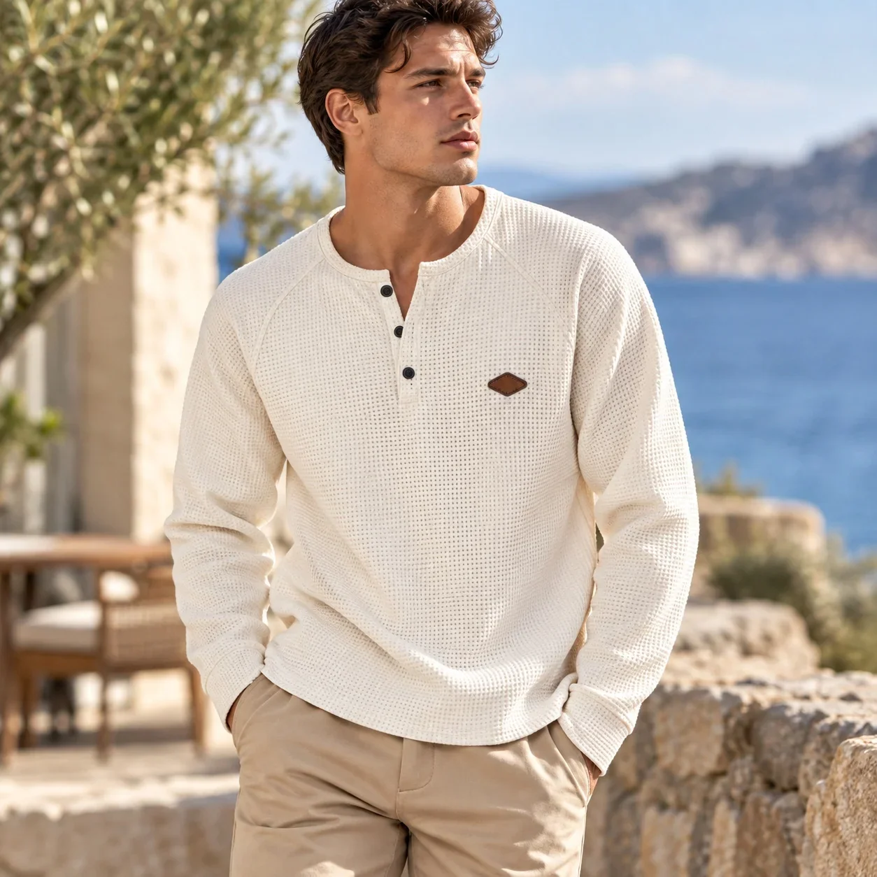 Long Sleeve Casual Loose Fit T Shirt Mature Casual with Lightweight Topstitched Seam Crew Neck Pull on Autumn Spring for Men