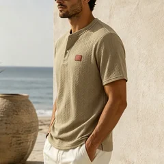 Men's Summer Jacquard Shirt Short Sleeve Mandarin Collar Loose Fit Textured Casual Top Lightweight Beach Vacation Wear for Men