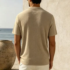Men's Summer Jacquard Shirt Short Sleeve Mandarin Collar Loose Fit Textured Casual Top Lightweight Beach Vacation Wear for Men