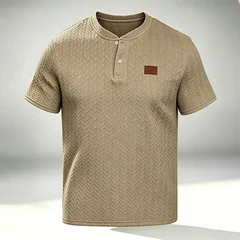 Men's Summer Jacquard Shirt Short Sleeve Mandarin Collar Loose Fit Textured Casual Top Lightweight Beach Vacation Wear for Men