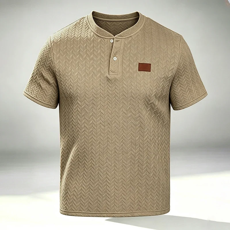 Men's Summer Jacquard Shirt Short Sleeve Mandarin Collar Loose Fit Textured Casual Top Lightweight Beach Vacation Wear for Men