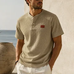 Men's Summer Jacquard Shirt Short Sleeve Mandarin Collar Loose Fit Textured Casual Top Lightweight Beach Vacation Wear for Men