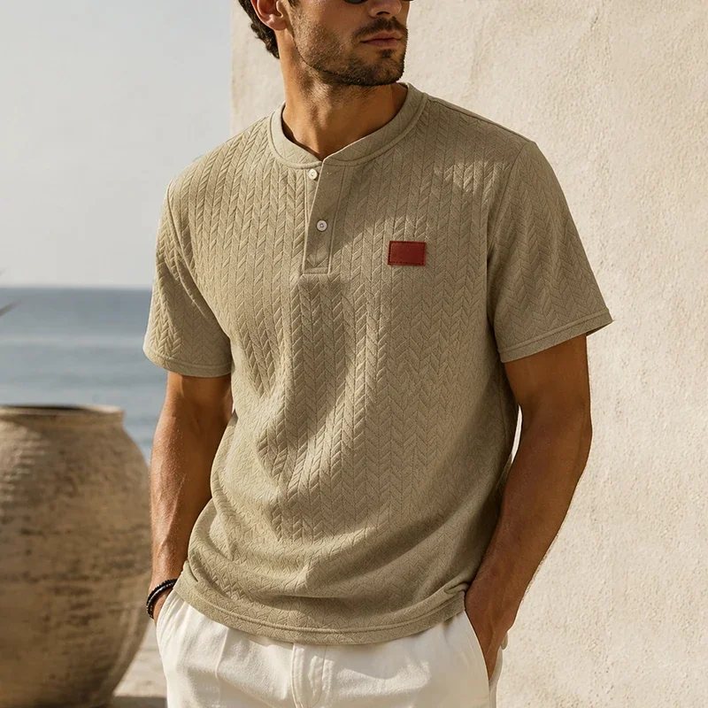 Men's Summer Jacquard Shirt Short Sleeve Mandarin Collar Loose Fit Textured Casual Top Lightweight Beach Vacation Wear for Men