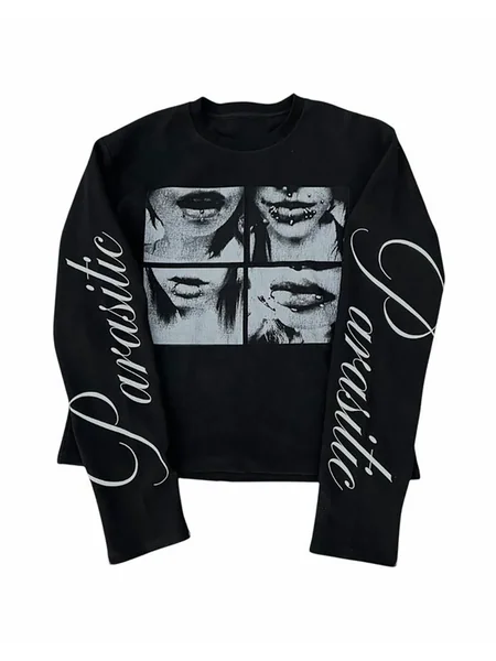 Autumn and Winter gothic Style Portrait Print Long-Sleeved T-Shirt with Y2K Letter Pattern, Loose Street Casual Top