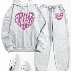 New autumn hoodie hooded set for men and women with heart-shaped letter print drawstring and pocket for daily warmth and comfort