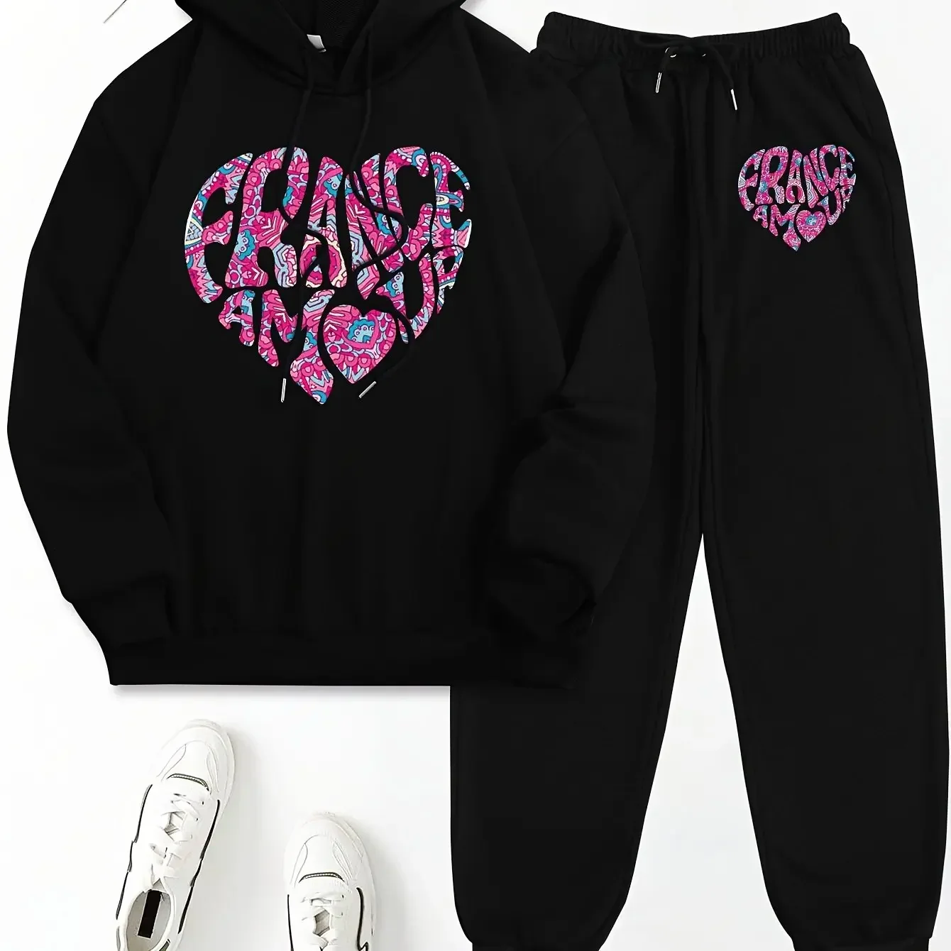 New autumn hoodie hooded set for men and women with heart-shaped letter print drawstring and pocket for daily warmth and comfort