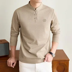 Mens Mandarin Collar Long Sleeve Tee Traditional Button Design Chest Emblem Smooth Stretchy Fabric Fashion Casual Tops For Men