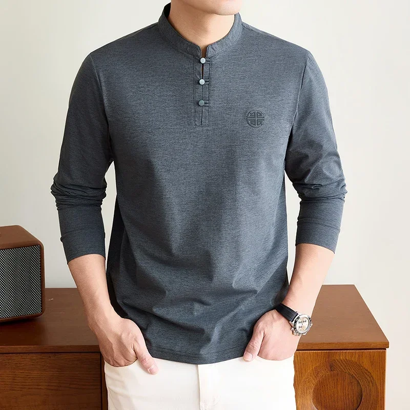 Mens Mandarin Collar Long Sleeve Tee Traditional Button Design Chest Emblem Smooth Stretchy Fabric Fashion Casual Tops For Men
