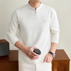 Mens Mandarin Collar Long Sleeve Tee Traditional Button Design Chest Emblem Smooth Stretchy Fabric Fashion Casual Tops For Men