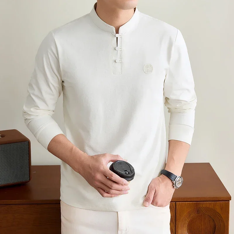 Mens Mandarin Collar Long Sleeve Tee Traditional Button Design Chest Emblem Smooth Stretchy Fabric Fashion Casual Tops For Men