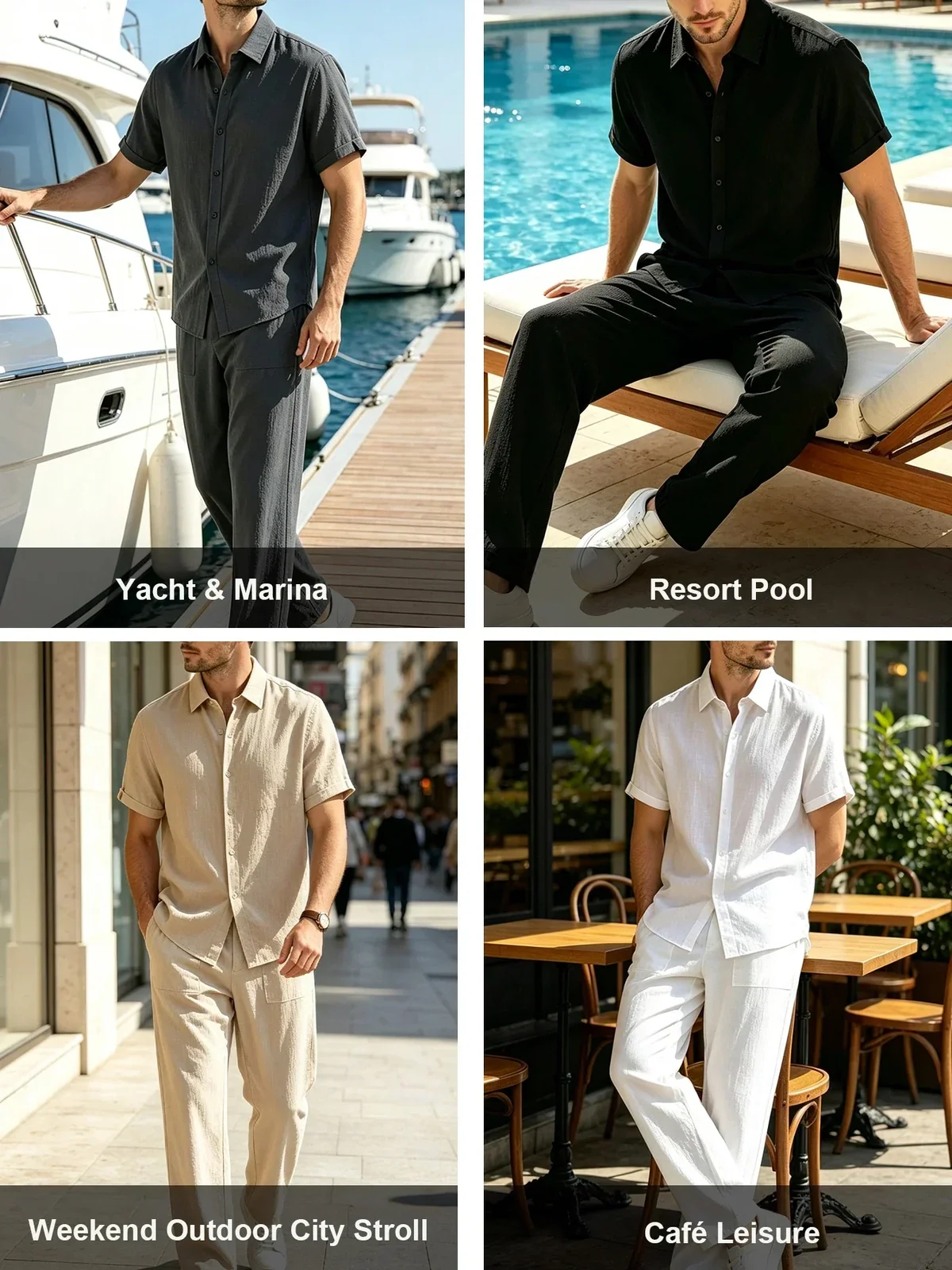 2Pcs Men Solid Color Matching Outfit Short Sleeve Lapel Shirt Wide Leg Long Pants Casual Daily Suit