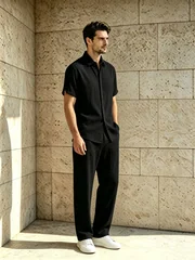 2Pcs Men Solid Color Matching Outfit Short Sleeve Lapel Shirt Wide Leg Long Pants Casual Daily Suit