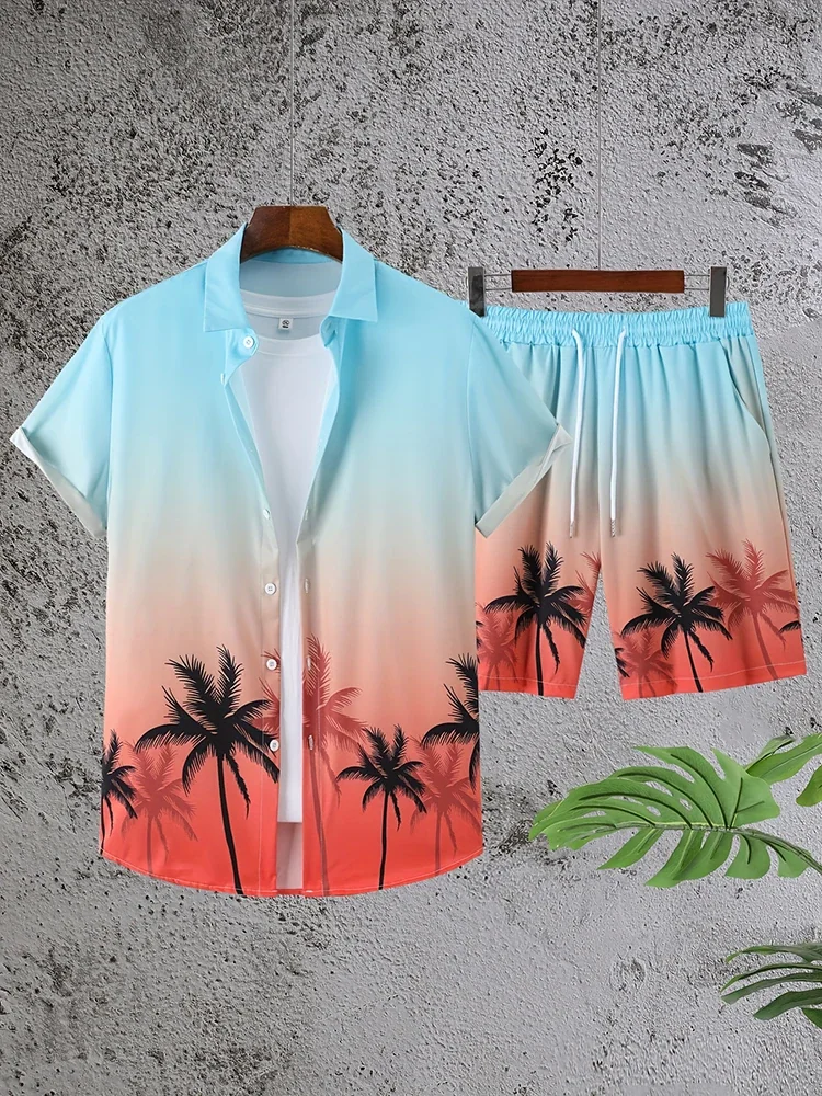 Summer Coconut Tree 3D Print Men Shirt Sets Short Sleeve Shirt Oversized Casual Beach Shorts Streetwear Hawaiian Suits Clothes