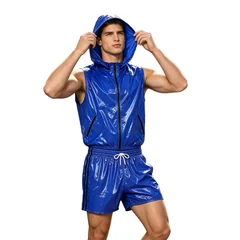 Men's Waterproof Tracksuit Sleeveless Zipper Hooded Vest with Boxer Shorts Built-in Briefs Fitness Cycling Sportswear Clubwear