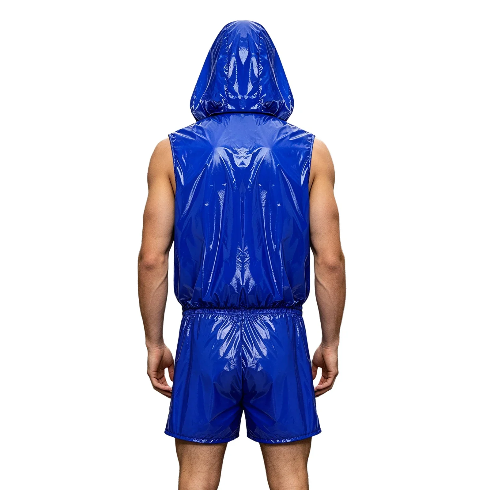 Men's Waterproof Tracksuit Sleeveless Zipper Hooded Vest with Boxer Shorts Built-in Briefs Fitness Cycling Sportswear Clubwear