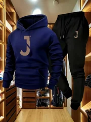 2026 Men Fall‑Winter Tracksuit, Soft Polyester Hoodie and Black Jogger Pants, J pattern , Loose 2‑Piece Casual Outdoor Outfit