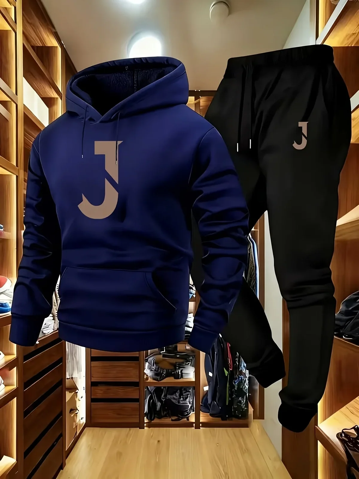 2026 Men Fall‑Winter Tracksuit, Soft Polyester Hoodie and Black Jogger Pants, J pattern , Loose 2‑Piece Casual Outdoor Outfit