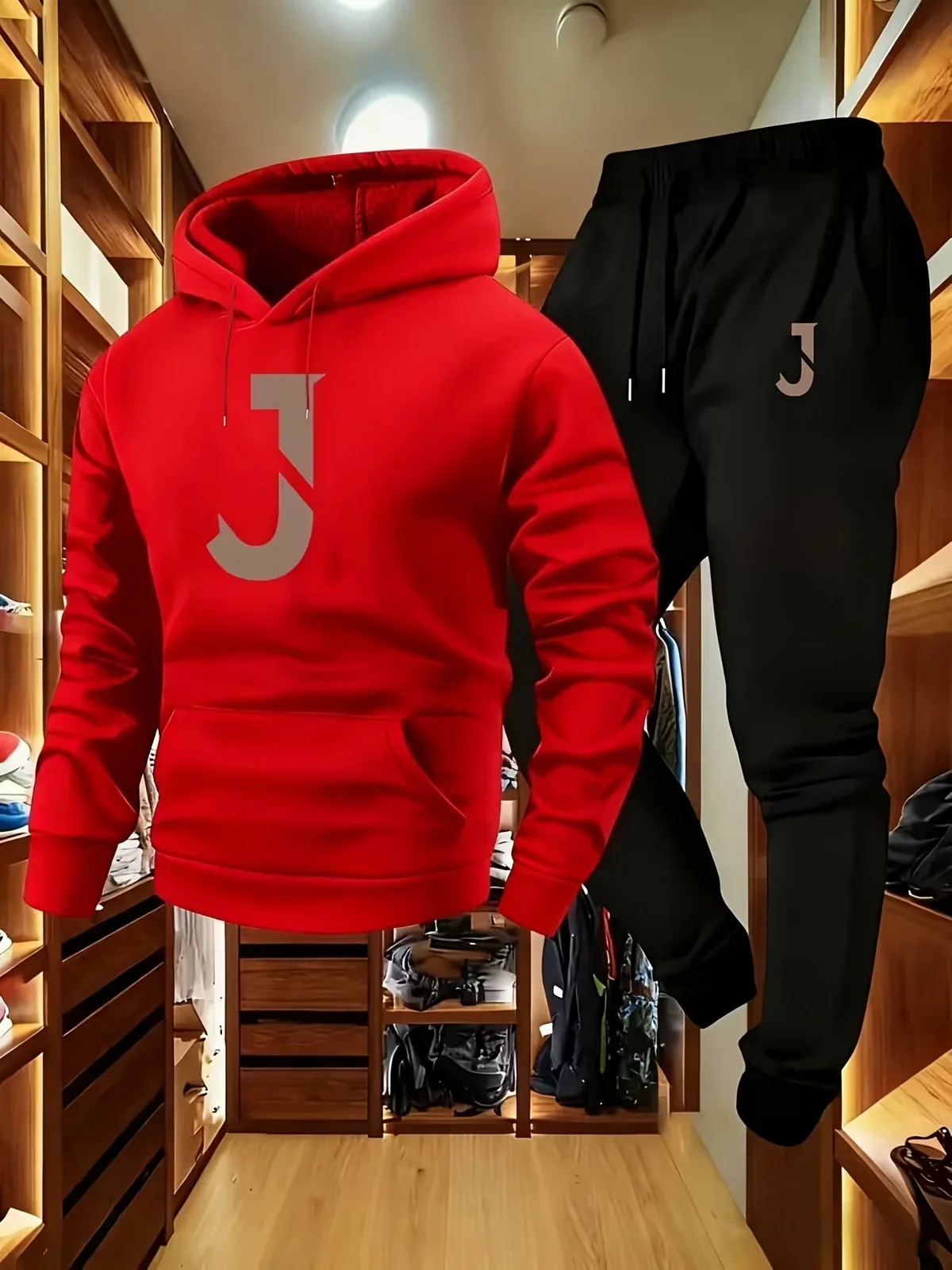 2026 Men Fall‑Winter Tracksuit, Soft Polyester Hoodie and Black Jogger Pants, J pattern , Loose 2‑Piece Casual Outdoor Outfit
