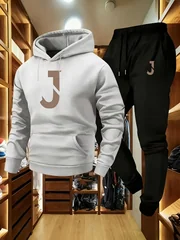 2026 Men Fall‑Winter Tracksuit, Soft Polyester Hoodie and Black Jogger Pants, J pattern , Loose 2‑Piece Casual Outdoor Outfit