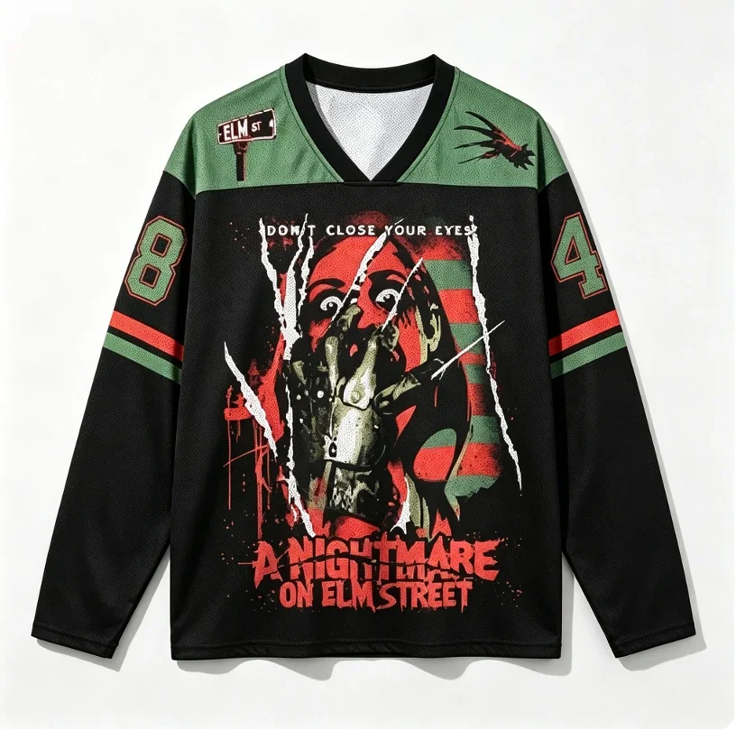 Retro V-neck Halloween horror themed long sleeved top 3D printed street party horror movie top
