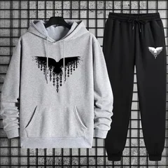 2026 Men Eagle Bird Graphic Hoodie Tracksuit 2 Piece Set Hooded Sweatshirt Jogger Pants Hip Hop Streetwear Casual Sport Outfit