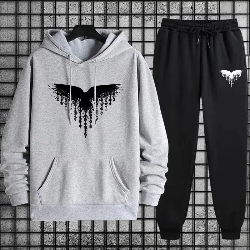 2026 Men Eagle Bird Graphic Hoodie Tracksuit 2 Piece Set Hooded Sweatshirt Jogger Pants Hip Hop Streetwear Casual Sport Outfit