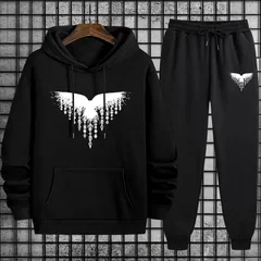 2026 Men Eagle Bird Graphic Hoodie Tracksuit 2 Piece Set Hooded Sweatshirt Jogger Pants Hip Hop Streetwear Casual Sport Outfit