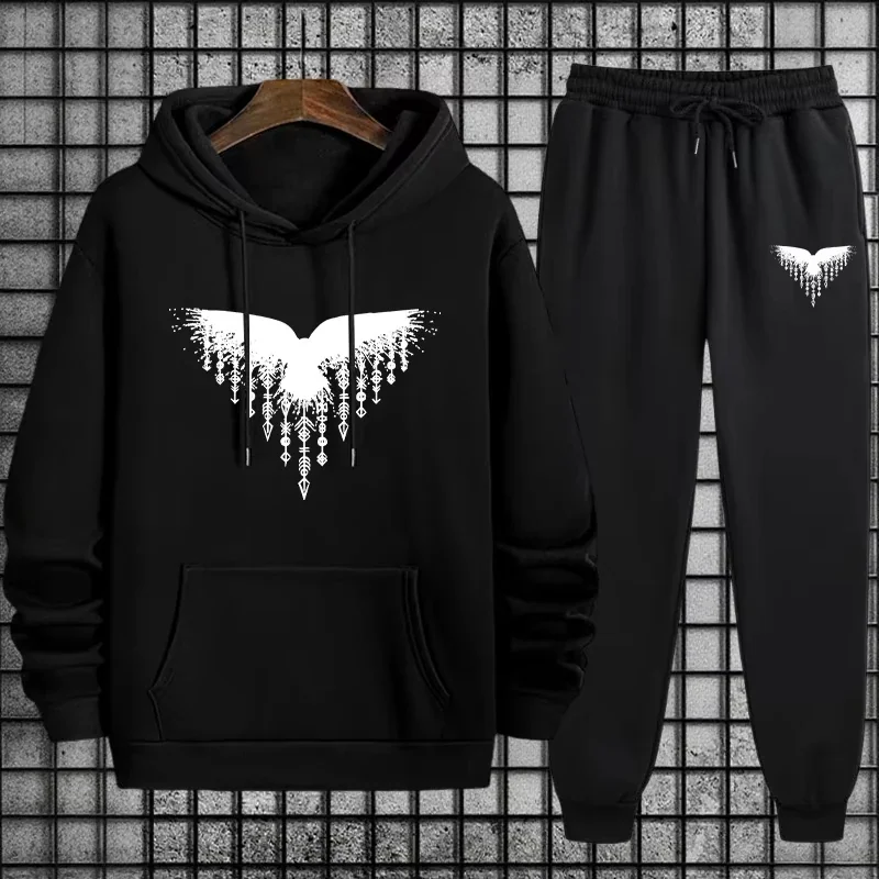 2026 Men Eagle Bird Graphic Hoodie Tracksuit 2 Piece Set Hooded Sweatshirt Jogger Pants Hip Hop Streetwear Casual Sport Outfit
