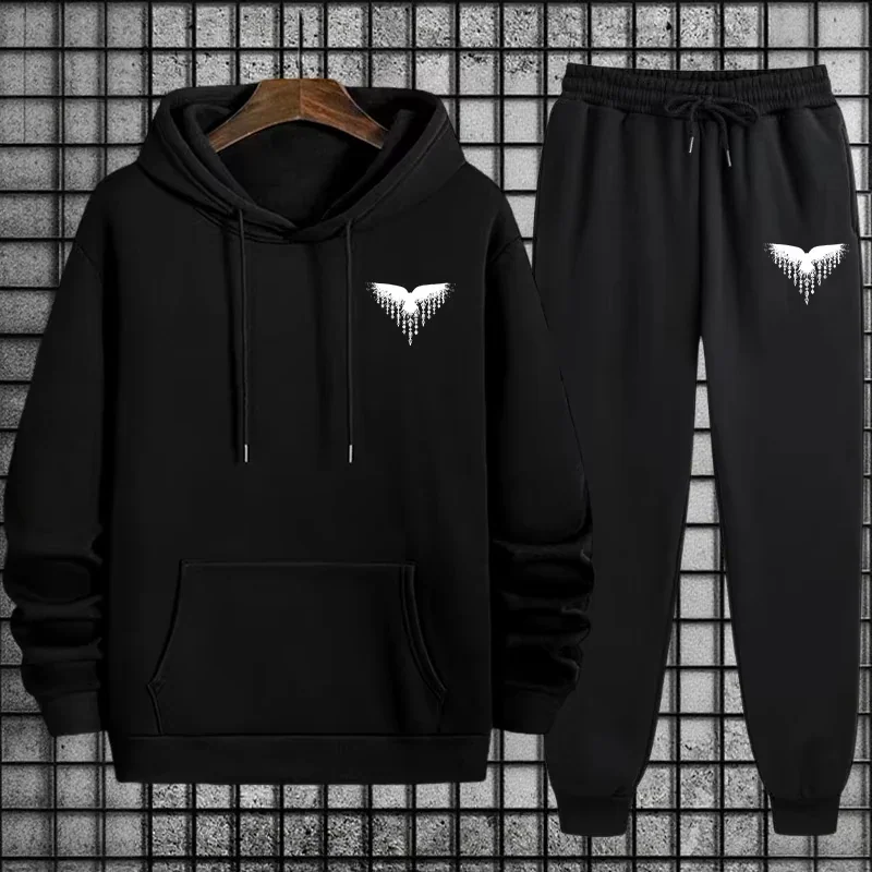 2026 Men Eagle Bird Graphic Hoodie Tracksuit 2 Piece Set Hooded Sweatshirt Jogger Pants Hip Hop Streetwear Casual Sport Outfit