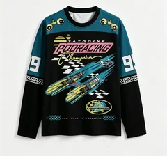 Unisex Retro Racing Long Sleeve Jersey All‑Over Print Checkerboard Streetwear Pullover Polyester Loose Sports Top