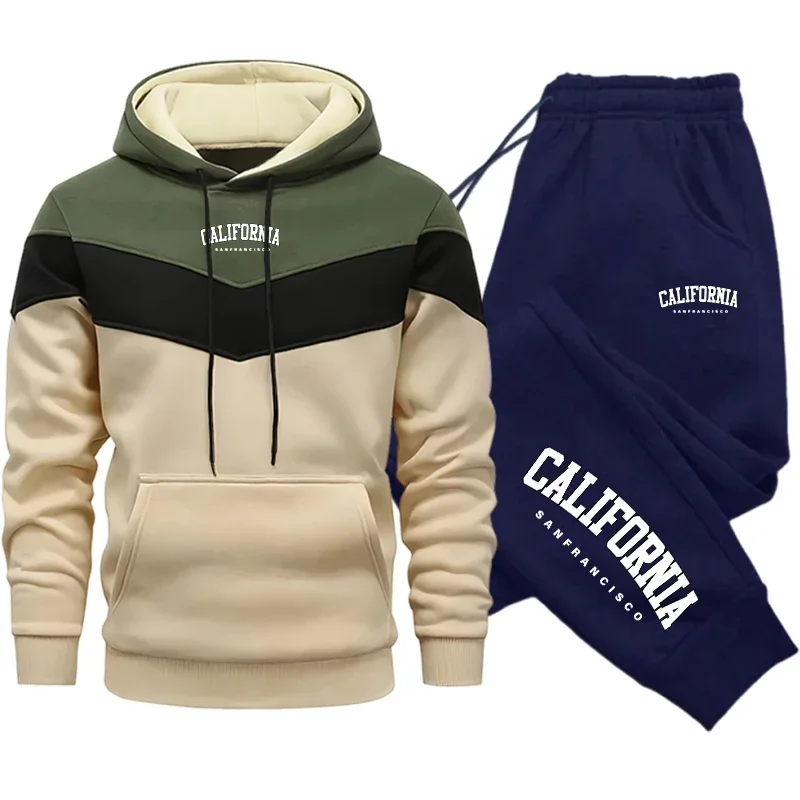 Men and Women Tracksuit Casual Tricolor Splice Sweatshirts Sports Jogging Clothing Autumn Winter Patchwork Hoodie and Sweatpants