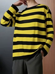American Retro Yellow Black Striped Long Sleeved T-shirt for Men and Women, Loose Contrasting Color Round Neck Street Casual Top