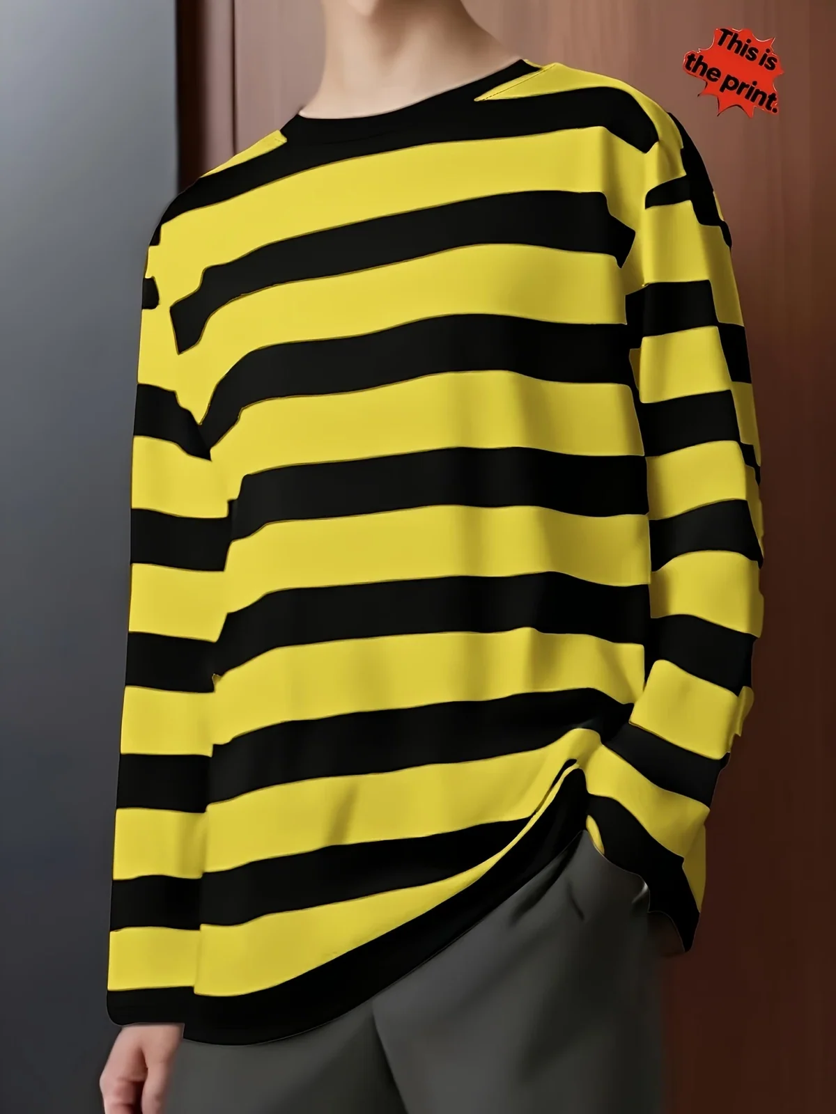 American Retro Yellow Black Striped Long Sleeved T-shirt for Men and Women, Loose Contrasting Color Round Neck Street Casual Top