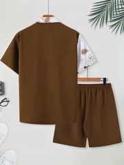 Men's Brown & White Color Block Floral Print Cuban Collar Shirt Set 2 Piece Summer Short Sleeve Drawstring Beach Shorts Outfit