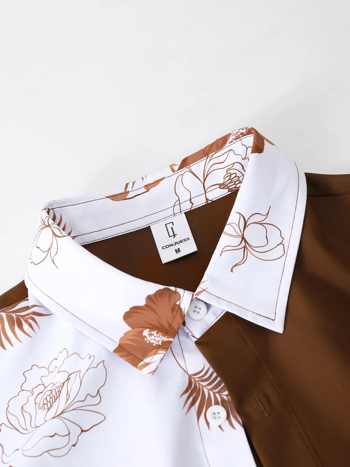 Men's Brown & White Color Block Floral Print Cuban Collar Shirt Set 2 Piece Summer Short Sleeve Drawstring Beach Shorts Outfit