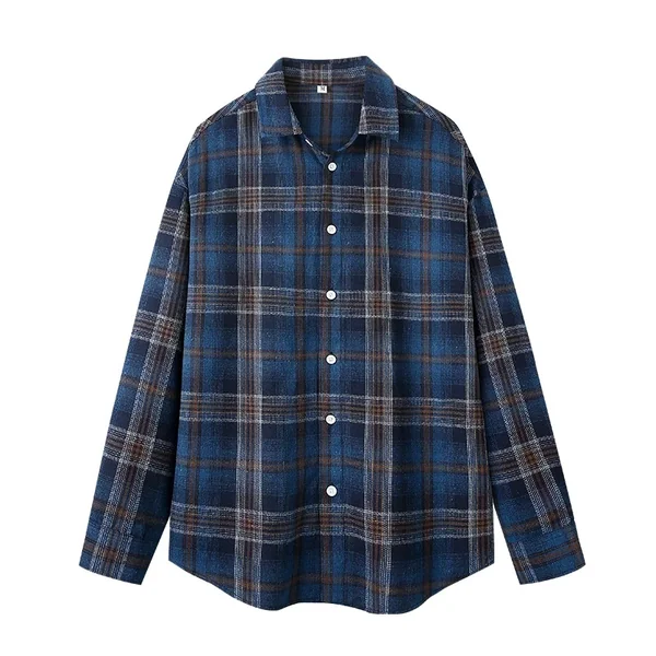 Unisex Plaid Button Down Shirt Men Women Spring Casual Long Sleeve Blue Brown Checkered Loose Fit Basic Daily Wear Top