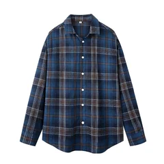 Unisex Plaid Button Down Shirt Men Women Spring Casual Long Sleeve Blue Brown Checkered Loose Fit Basic Daily Wear Top