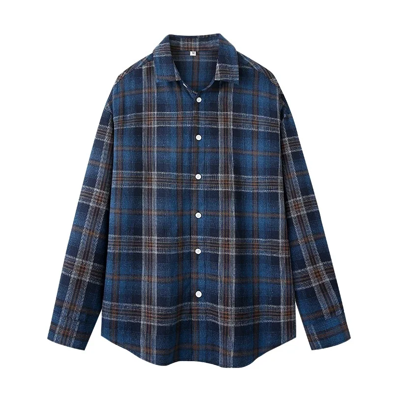 Unisex Plaid Button Down Shirt Men Women Spring Casual Long Sleeve Blue Brown Checkered Loose Fit Basic Daily Wear Top