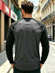 Autumn Men Long Sleeve Crew Neck Contrast Color Tshirt Ribbed Cuff Curved Hem Breathable Sport Streetwear Tops