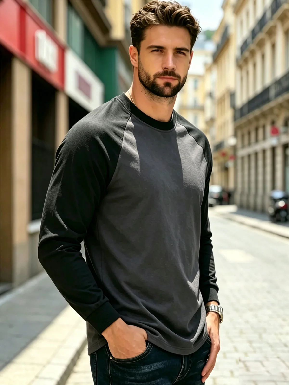 Autumn Men Long Sleeve Crew Neck Contrast Color Tshirt Ribbed Cuff Curved Hem Breathable Sport Streetwear Tops
