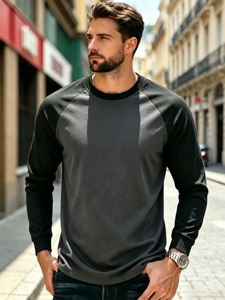Autumn Men Long Sleeve Crew Neck Contrast Color Tshirt Ribbed Cuff Curved Hem Breathable Sport Streetwear Tops