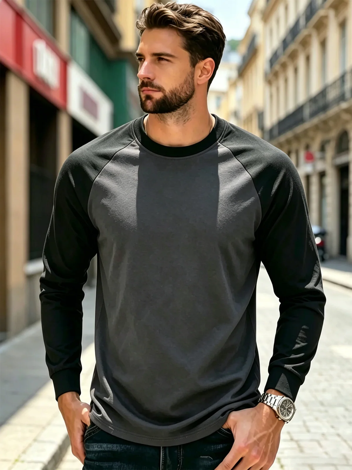 Autumn Men Long Sleeve Crew Neck Contrast Color Tshirt Ribbed Cuff Curved Hem Breathable Sport Streetwear Tops
