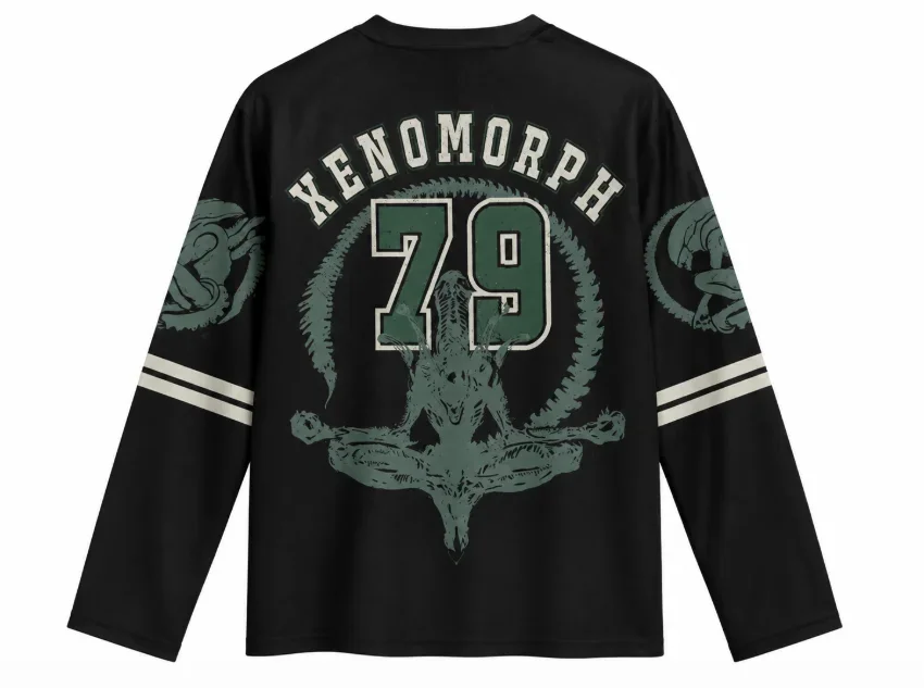 Unisex Vintage Xenomorph V Neck Long Sleeve Mesh Shirt Retro Sci-fi Monster Print Streetwear Tops for Men Women