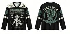 Unisex Vintage Xenomorph V Neck Long Sleeve Mesh Shirt Retro Sci-fi Monster Print Streetwear Tops for Men Women